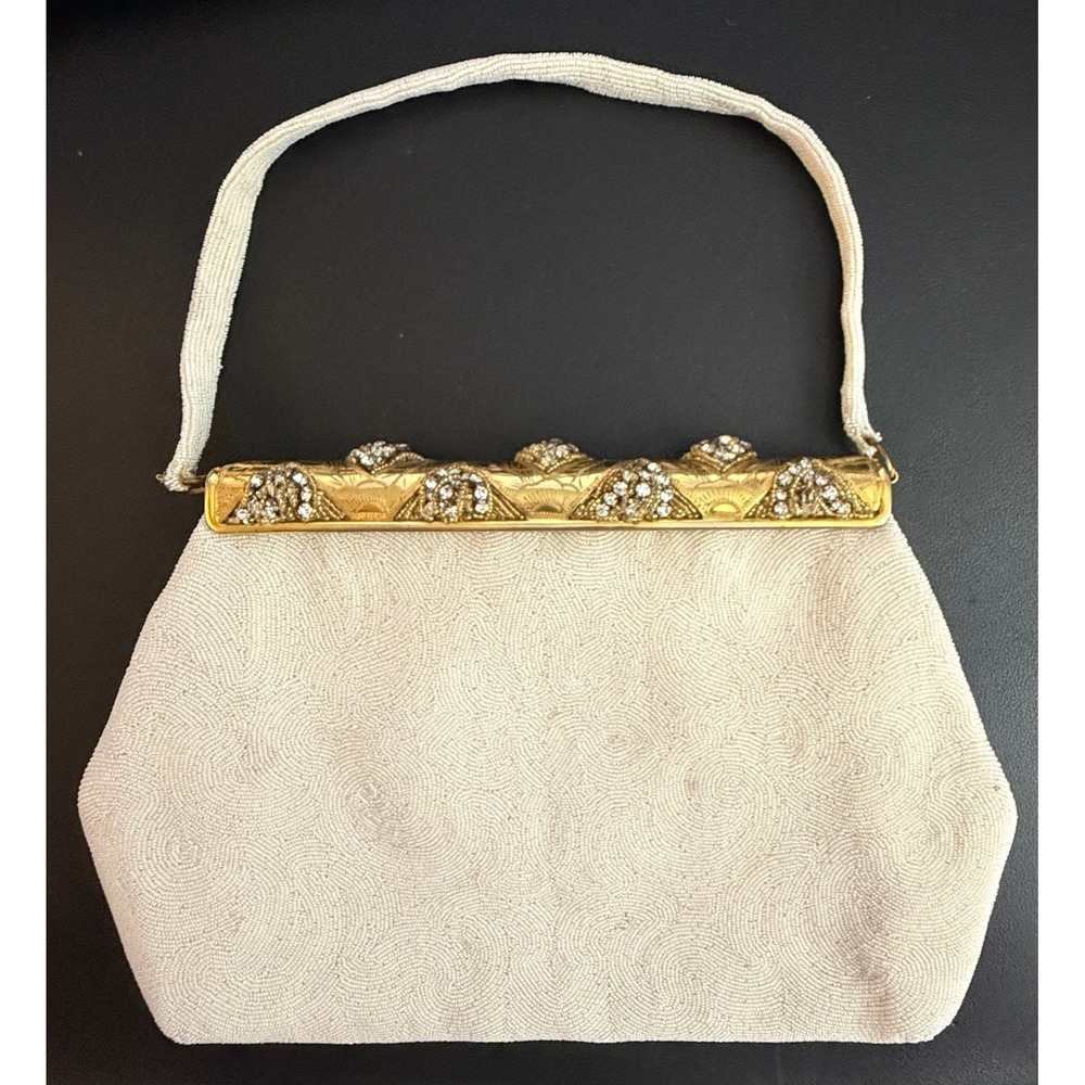 Vintage Saks Fifth Avenue Evening Bag Microbead Cream Rhinestone Wedding